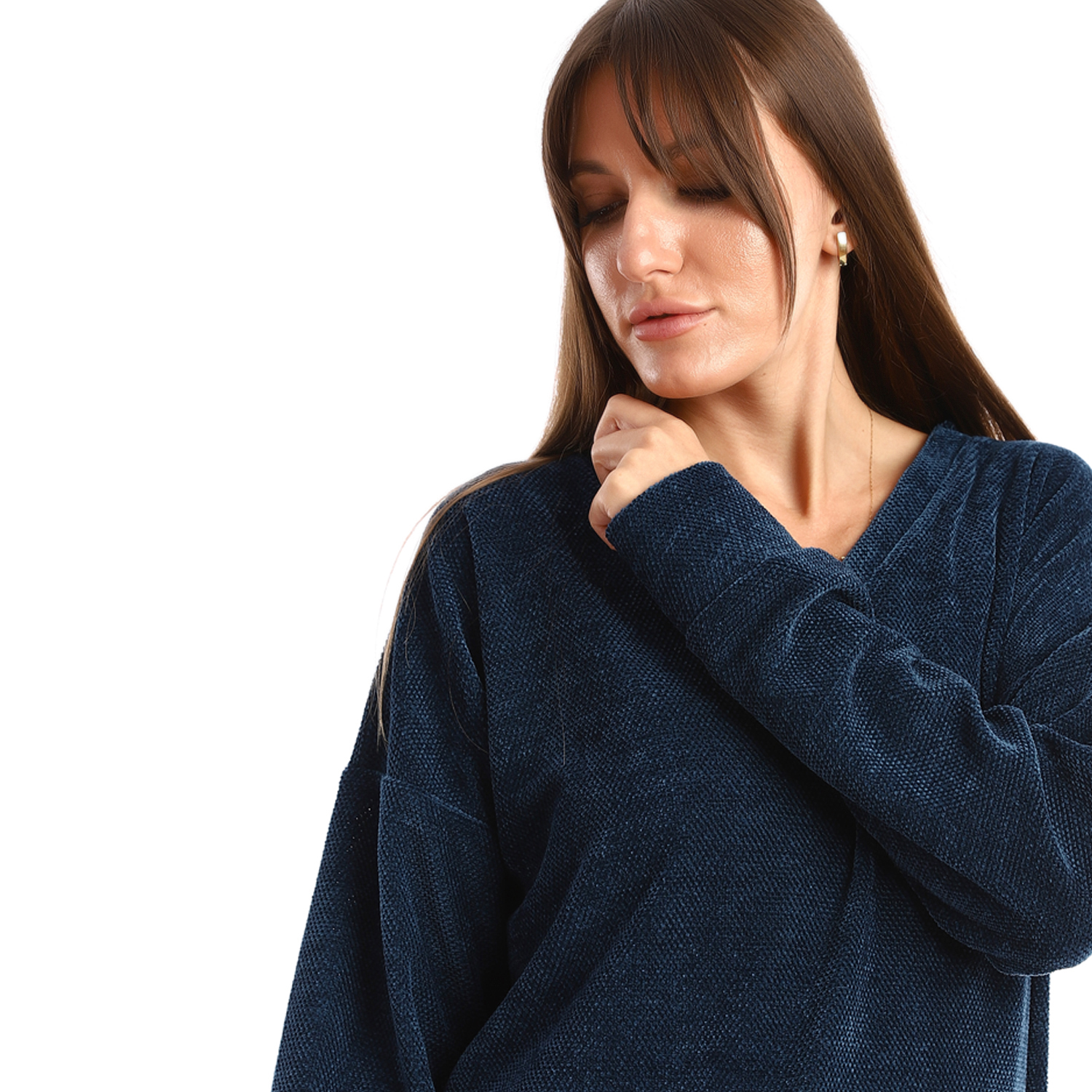 بلوزه حريمى طويله بكم ورقبه - كحلي