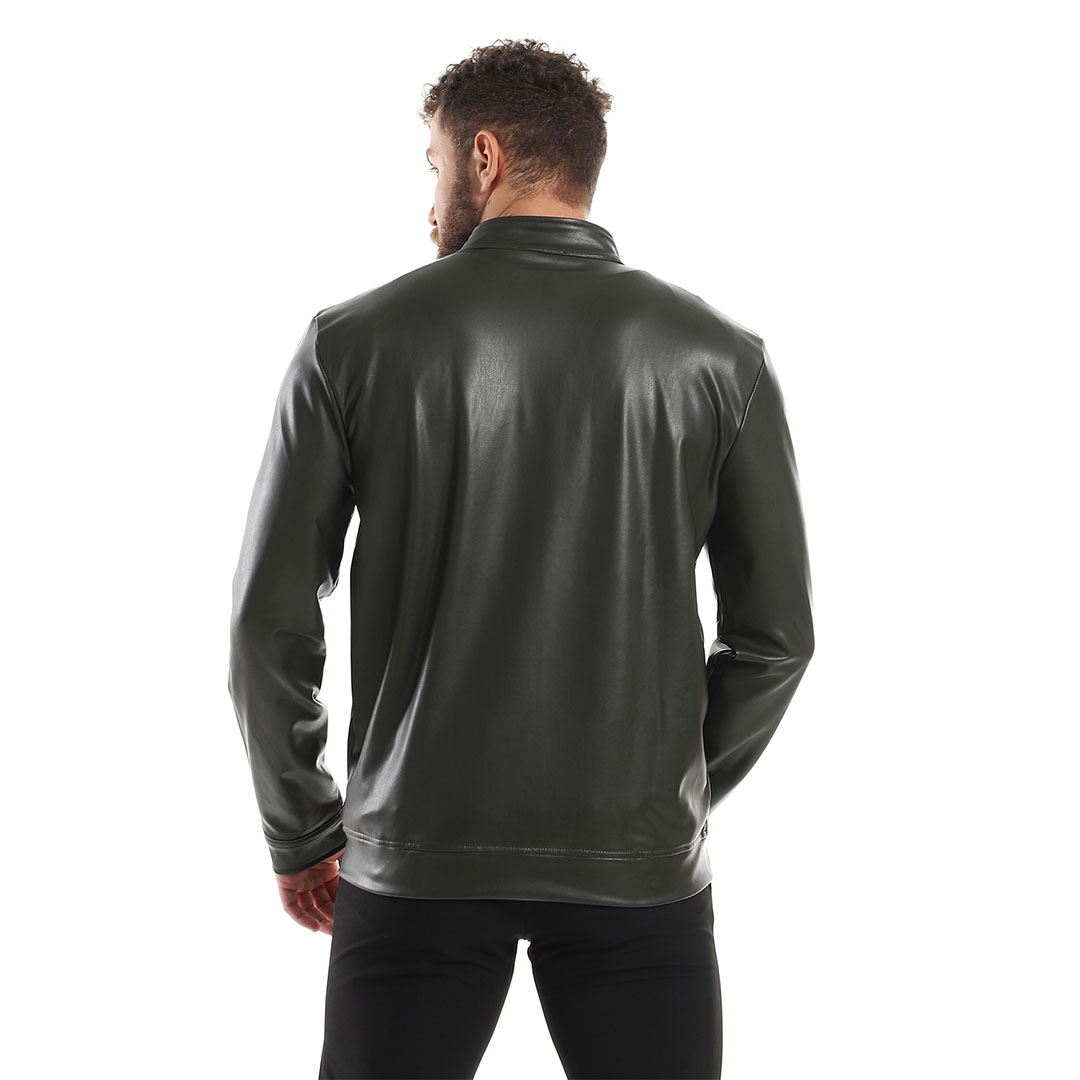 جاكيت جلد بجيوب و سوستة - زيتي