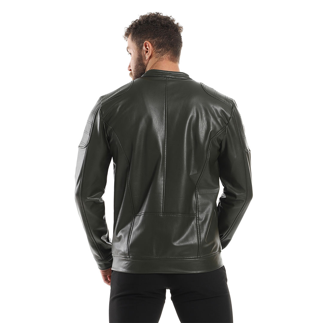 جاكيت جلد بجيوب رجالي - زيتي