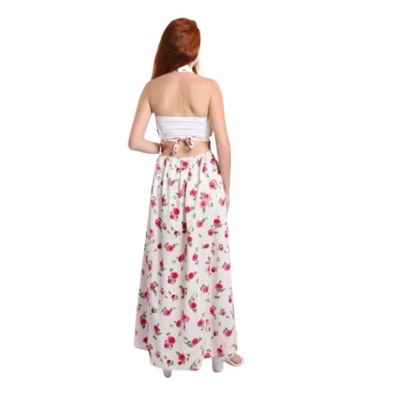 فستان حريمي مشجر ظهر مفتوح - أوف وايت/بينك