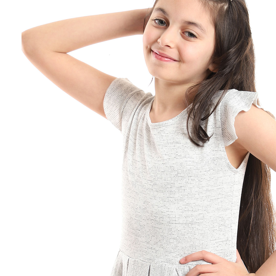 فستان بناتي نص كم - رمادي فاتح