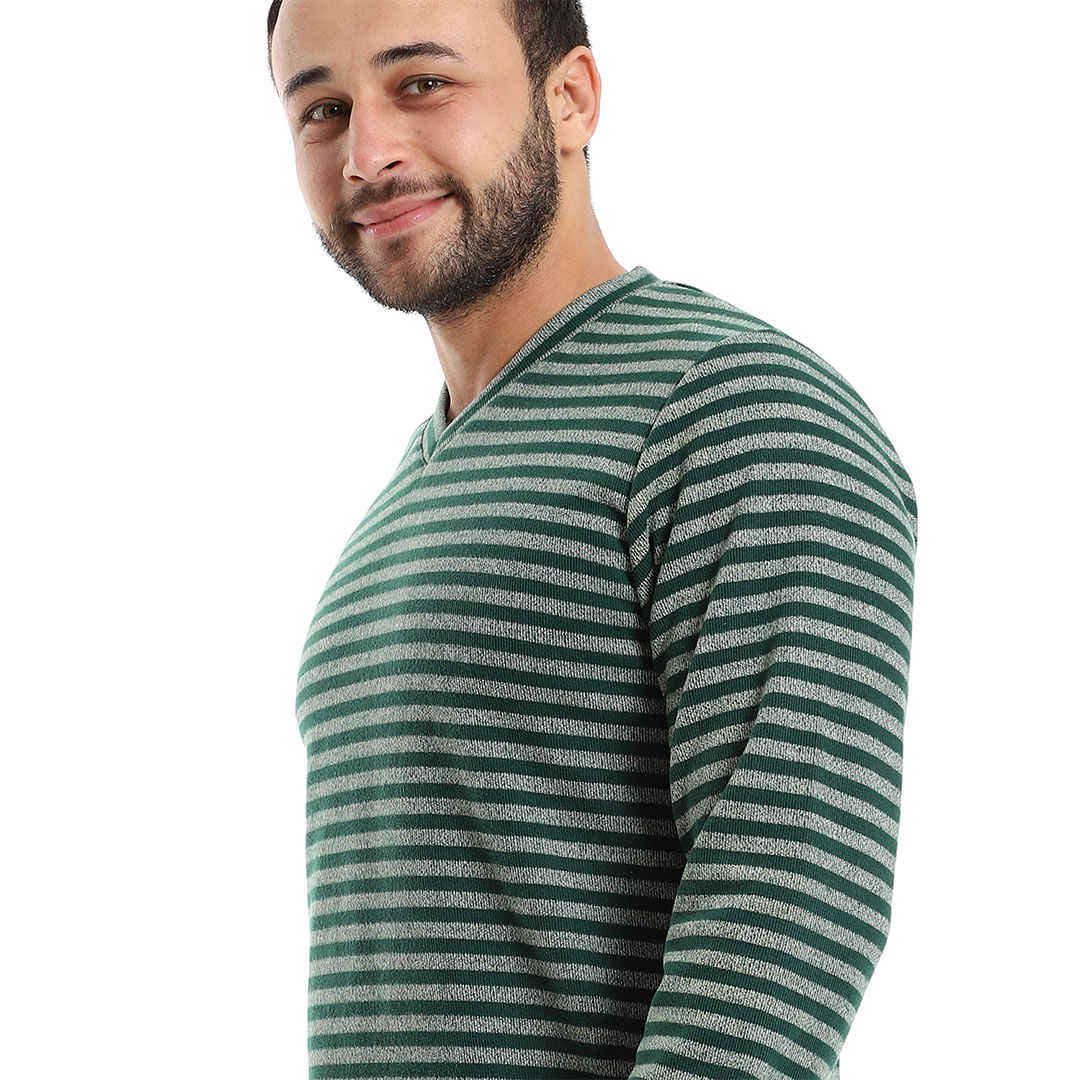 تيشيرت بكم مخطط رجالي - زيتي