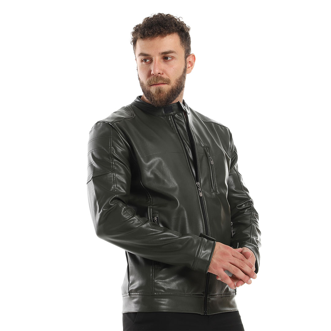 جاكيت جلد بجيوب رجالي - زيتي