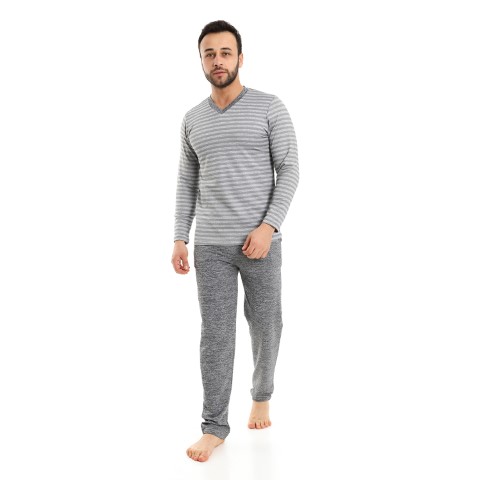 بيجامة رجالي كم طويل رقبة V