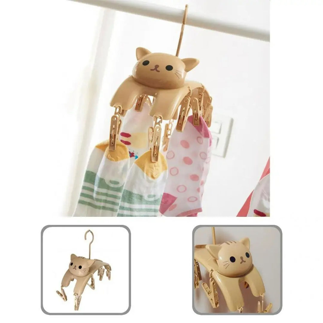 شماعة بمشابك بلاستيك شكل قطة - بيج