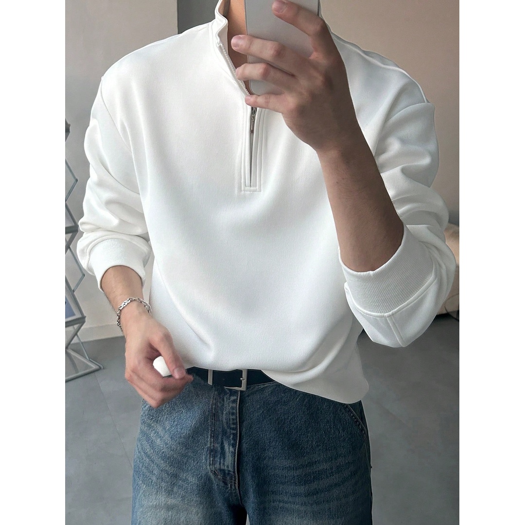 شي ان سويت شيرت رجالي سادة واسع بأكمام طويلة خريفي شتوي - أوف وايت