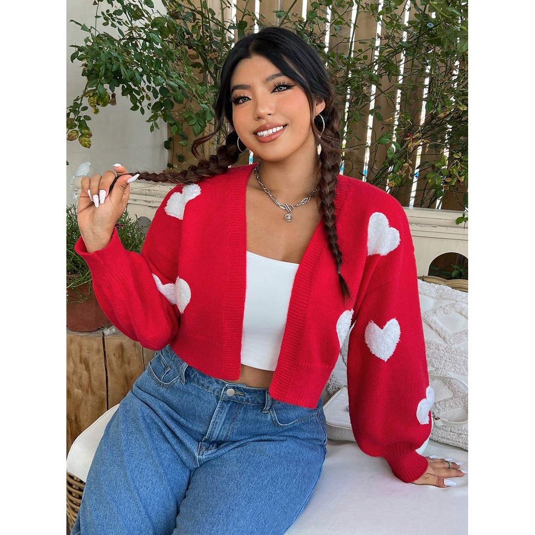 شي ان كارديجان قصير حريمي مقاس كبير بتصميم قلوب