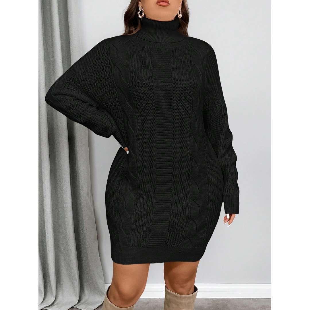 شي ان فستان بلوفر مقاسات كبيرة بياقة عالية وتصميم "آران" - أسود