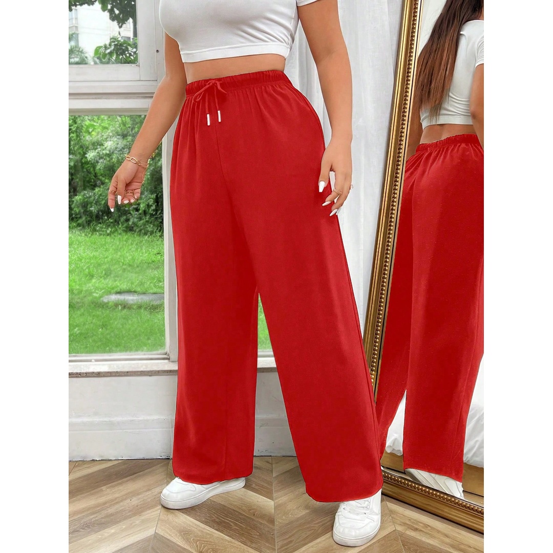 شي ان بنطلون حريمي واسع الساقين وسط برباط شد - أحمر