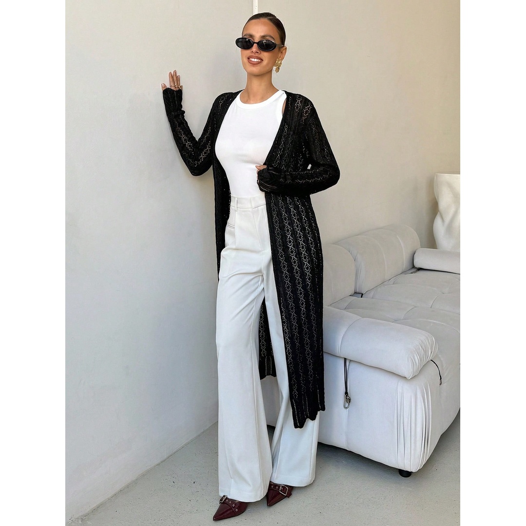 شي ان كارديجان حريمي طويل محبوك بفتحة أمامية - أسود