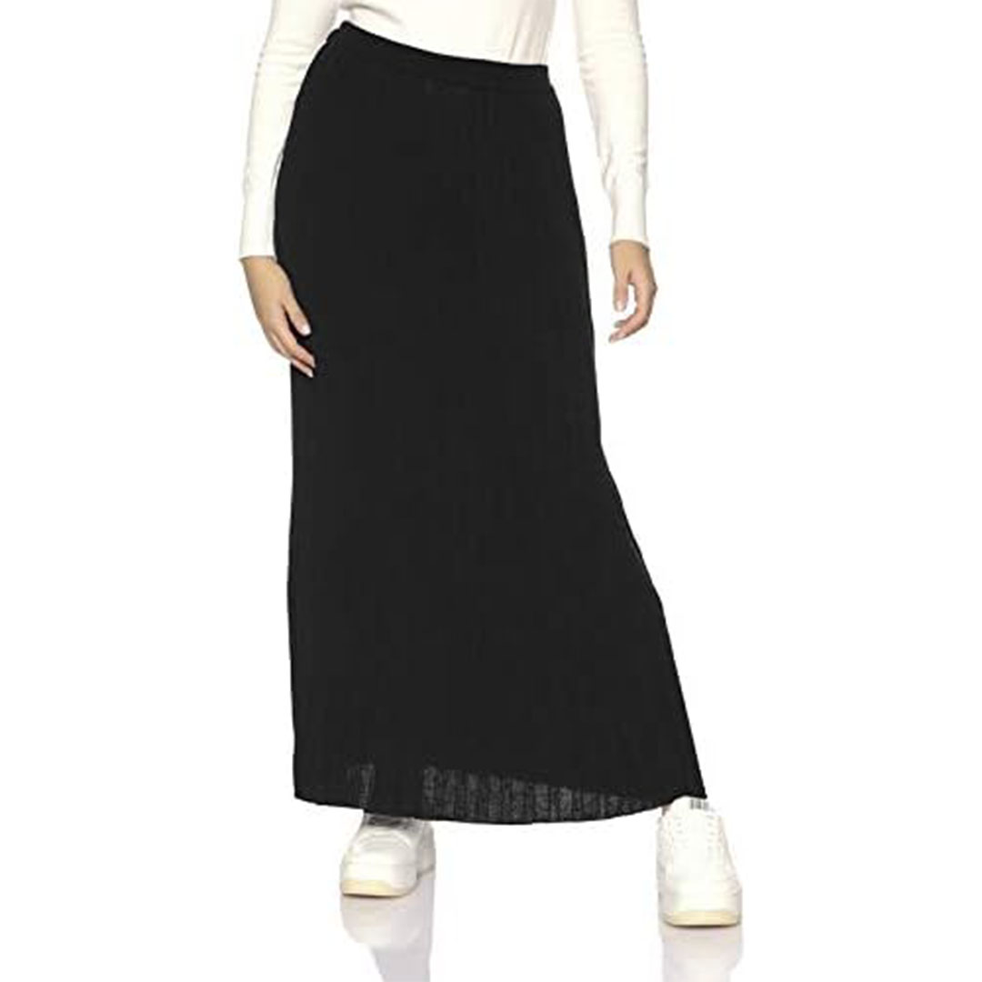 جيبة ماكسي قطنية مطوية بقصّة مستقيمة حريمي - أسود