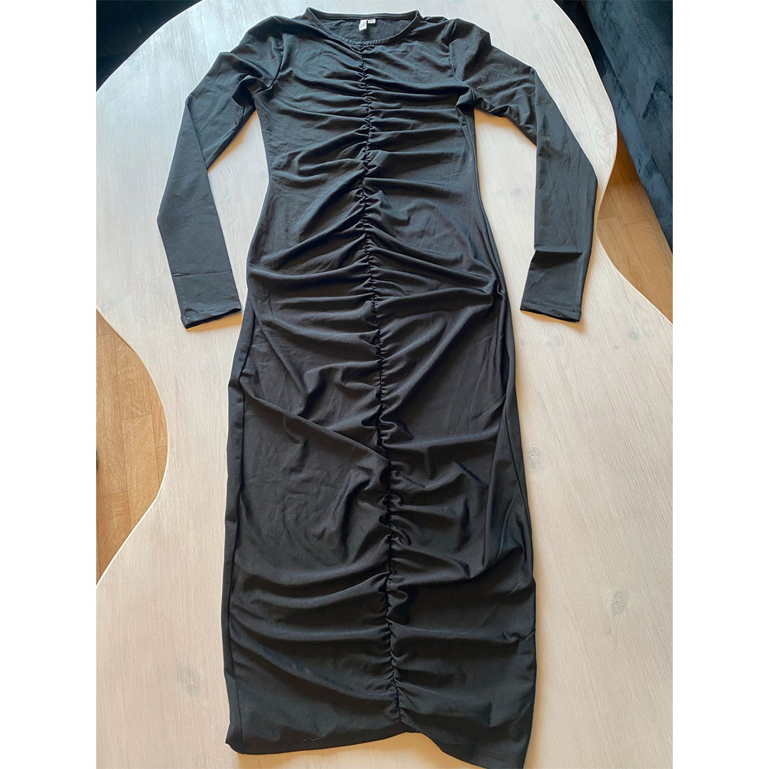 فستان حريمي طويل بكم قطن - أسود