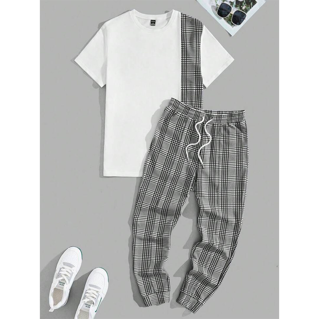 طقم تي شيرت وبنطلون رجالي بأكمام قصيرة - أسود/أبيض