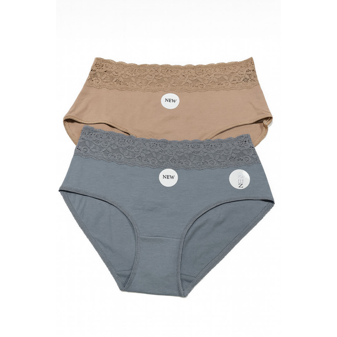 بانتي حريمي قطني - 2 قطعة - رمادي / بيج