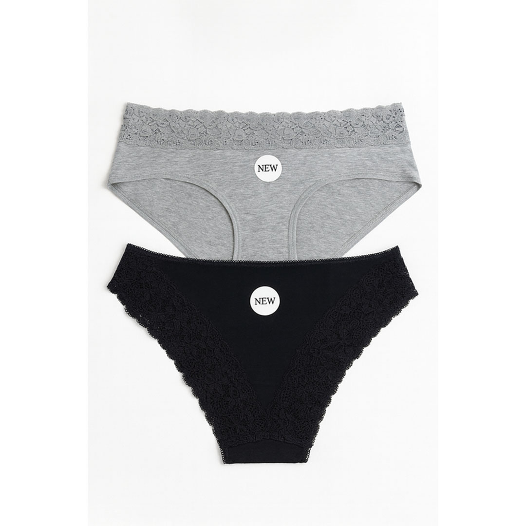 بانتي قطن مع دانتيل حريمي - 2 قطعة - أسود / رمادي