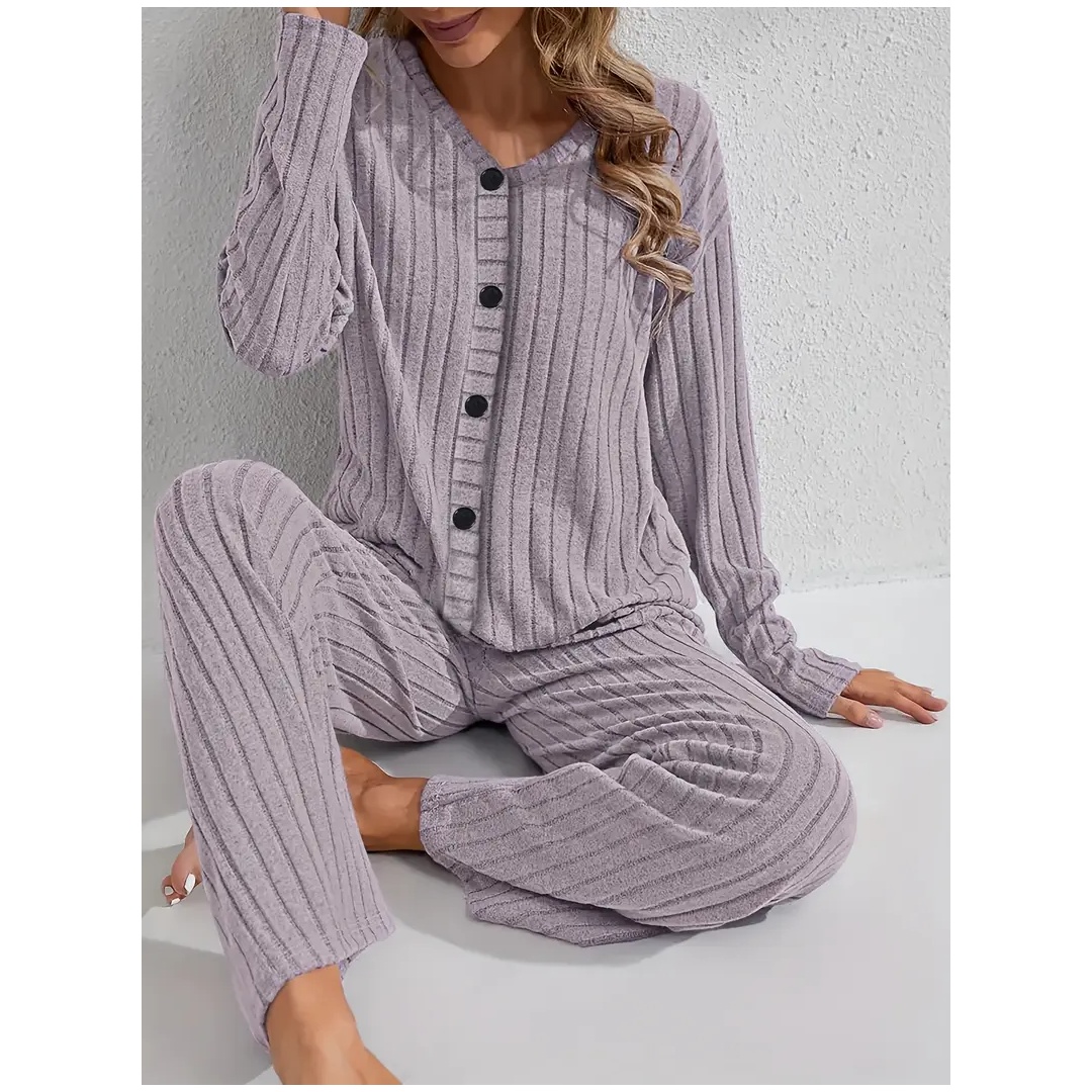 شي ان طقم بيجامة خريفي وشتوي مع كارديجان بأزرار وبنطلون مضلع - قطعتين - بنفسجي فاتح