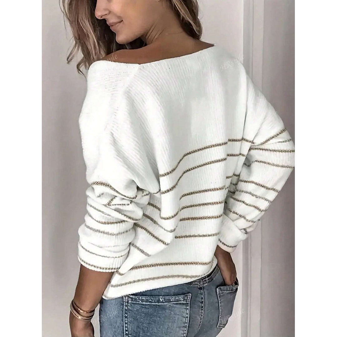 شي ان سويتر حريمي واسع برقبة V كوليج مخطط - أبيض/بيج