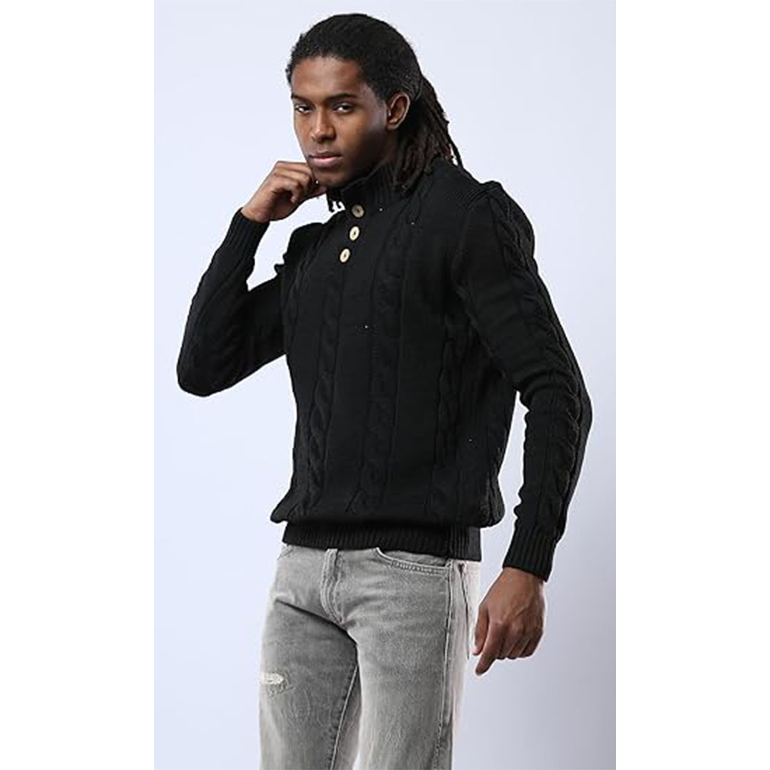 بلوفر رجالي أسود برقبة بأزرار وحاشية مضلعة - أسود