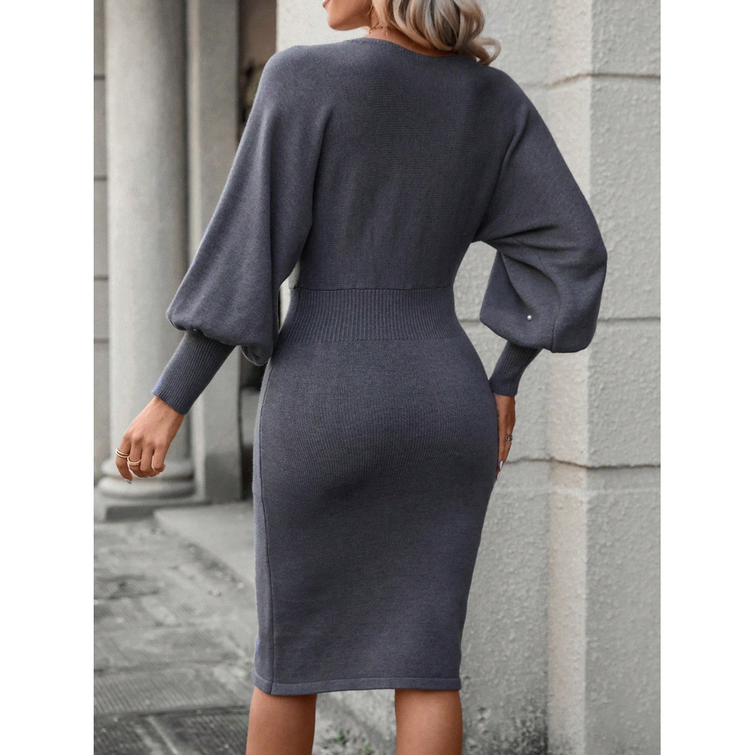 شي ان فستان بلوفر بأكمام فانوس مزينة باللؤلؤ - رمادي