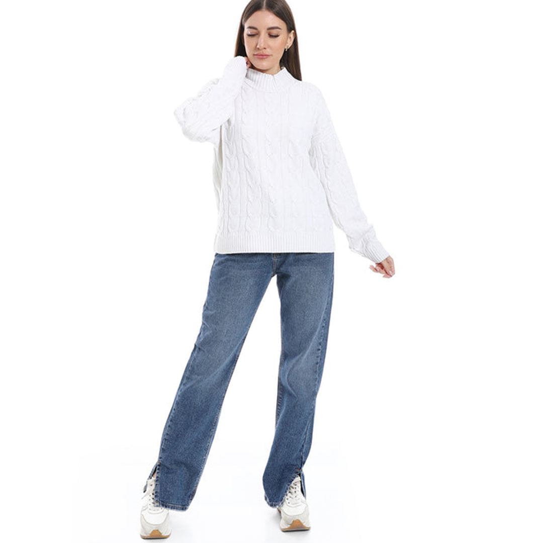 بلوفر صوف نسائي سادة بنصف رقبة - أبيض