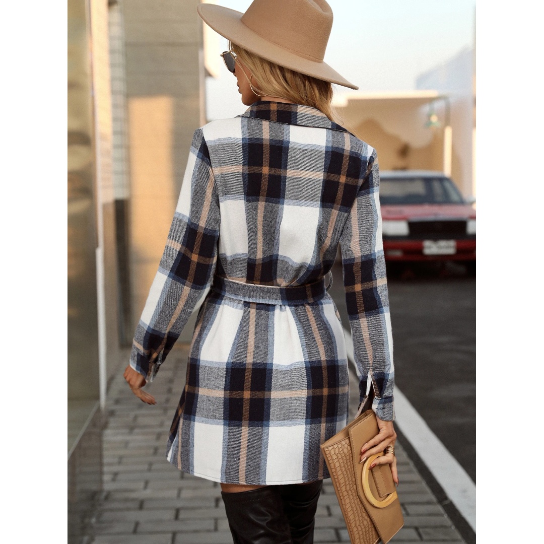 شي ان فستان قميص كاروهات بصف أزرار واحد وحزام خريفي - متعدد الألوان