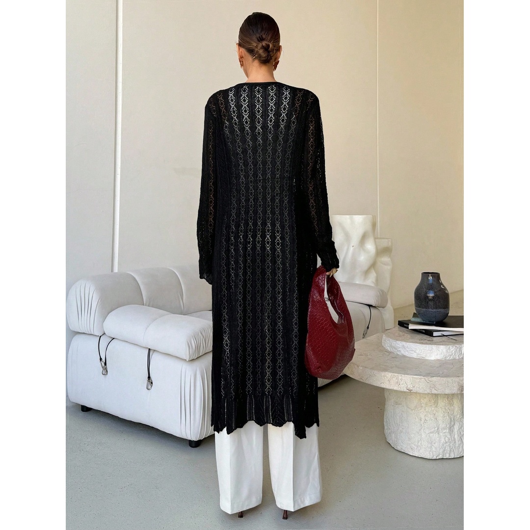 شي ان كارديجان حريمي طويل محبوك بفتحة أمامية - أسود