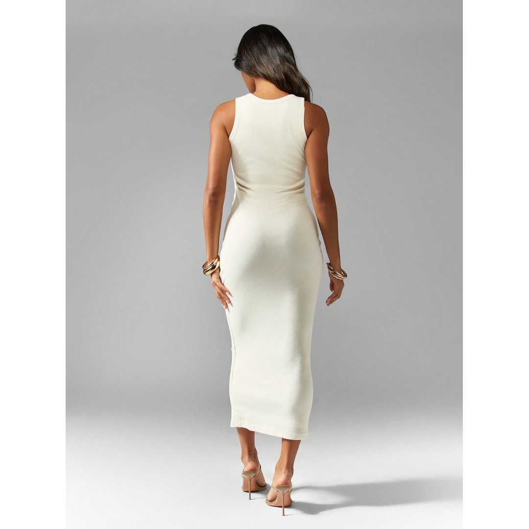 شي ان فستان حريمي جيرسي مضلع بدون أكمام - سكري