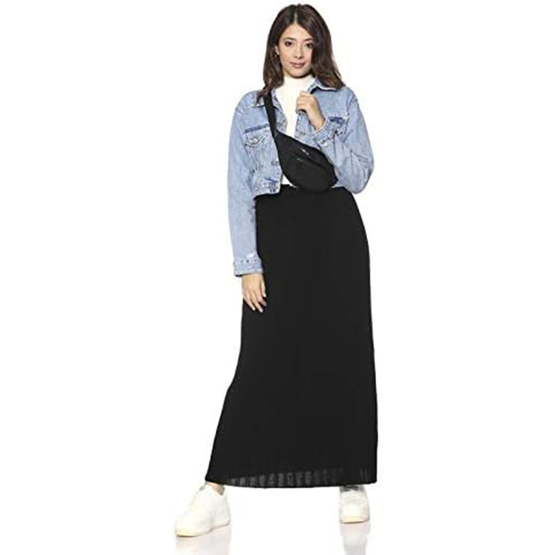 جيبة ماكسي قطنية مطوية بقصّة مستقيمة حريمي - أسود