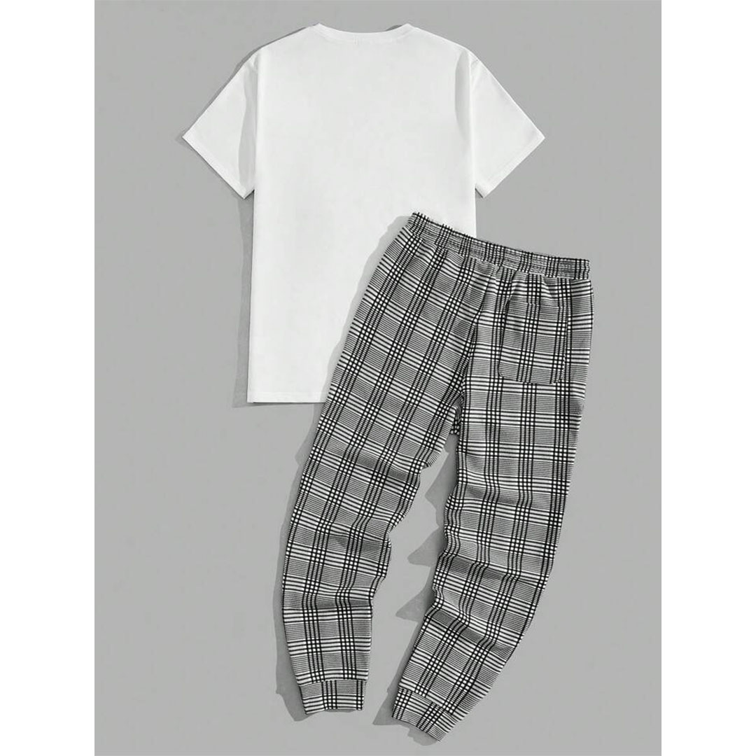 طقم تي شيرت وبنطلون رجالي بأكمام قصيرة - أسود/أبيض