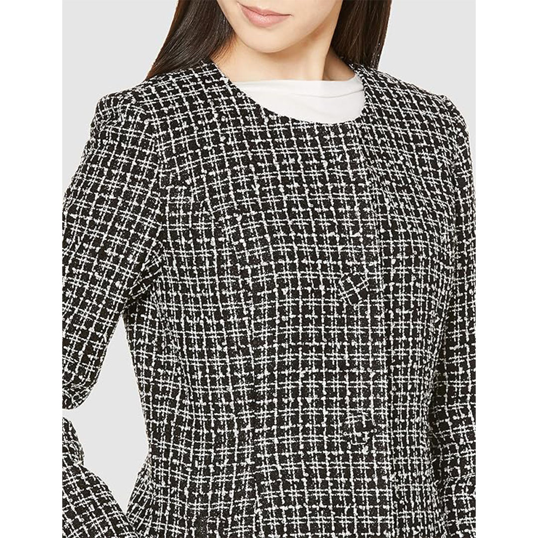 فستان SHEIN Clasi برقبة مستديرة مع معطف منقوش برباط - أسود/أبيض