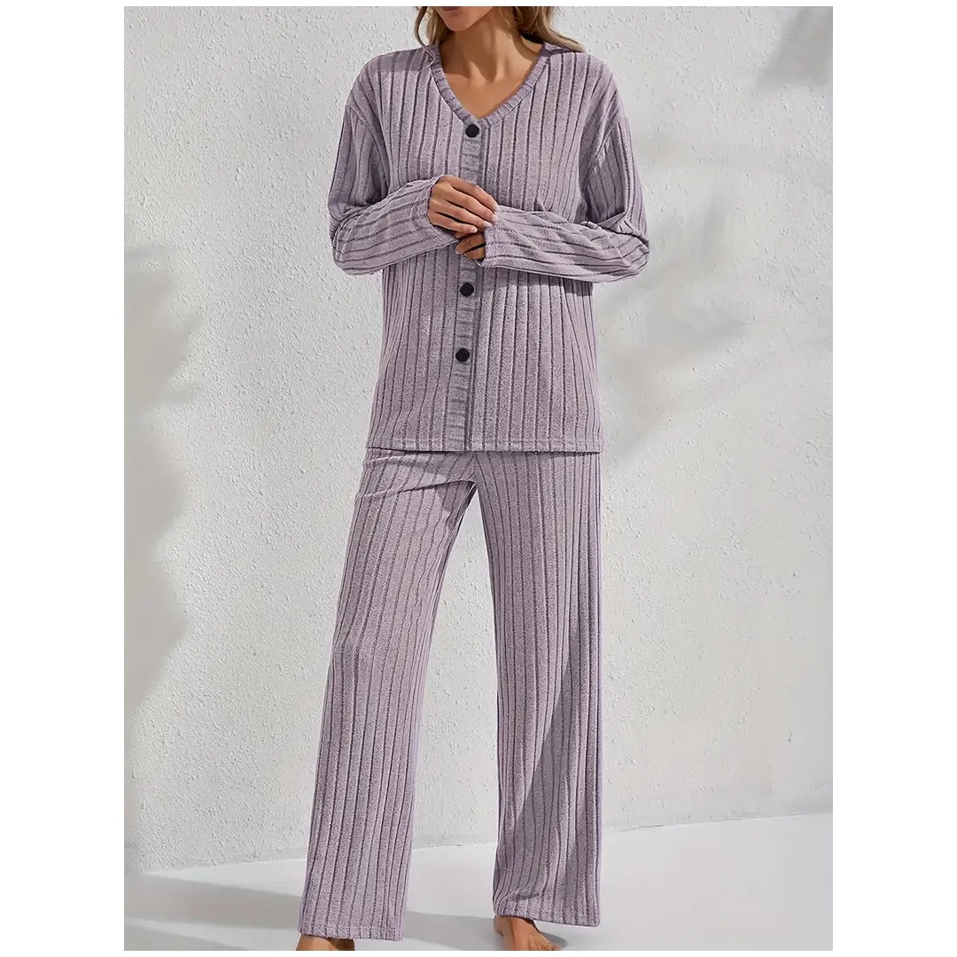 شي ان طقم بيجامة خريفي وشتوي مع كارديجان بأزرار وبنطلون مضلع - قطعتين - بنفسجي فاتح