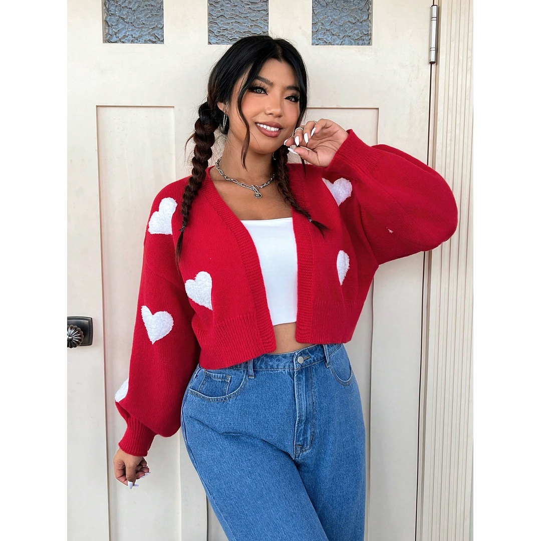 شي ان كارديجان قصير حريمي مقاس كبير بتصميم قلوب