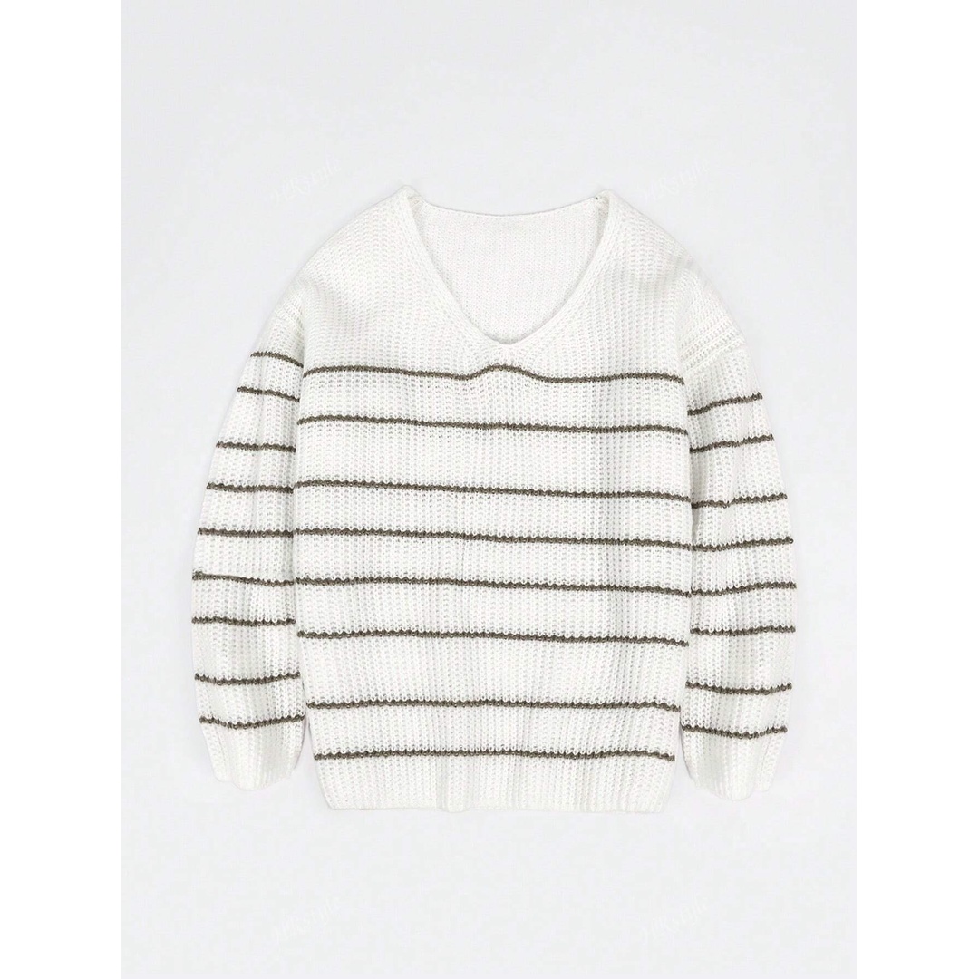 شي ان سويتر حريمي واسع برقبة V كوليج مخطط - أبيض/بيج