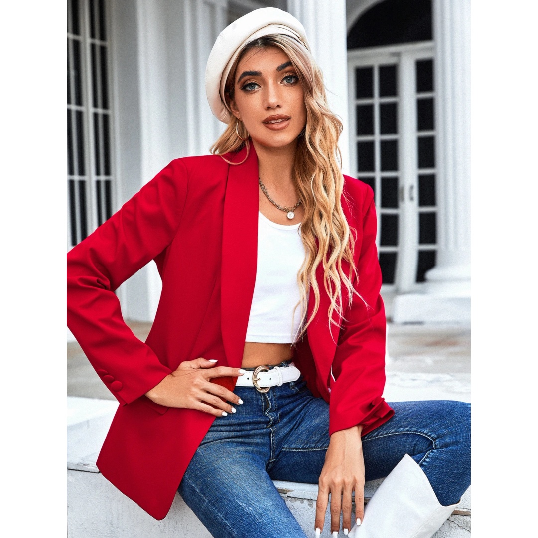 شي ان بليزر حريمي بياقة شال وزر واحد - أحمر