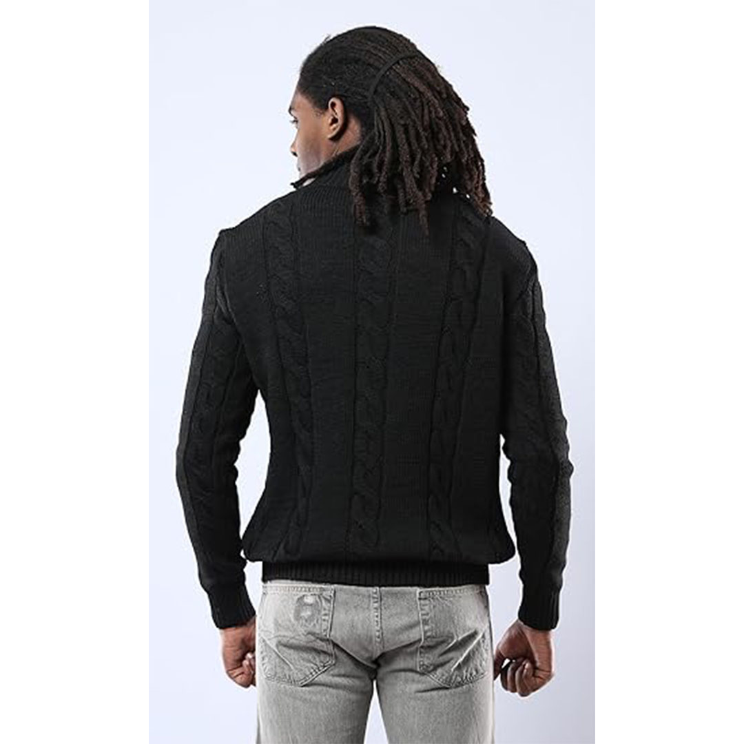 بلوفر رجالي أسود برقبة بأزرار وحاشية مضلعة - أسود