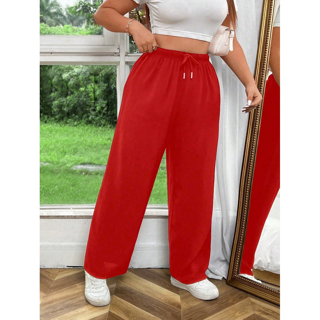 شي ان بنطلون حريمي واسع الساقين وسط برباط شد - أحمر