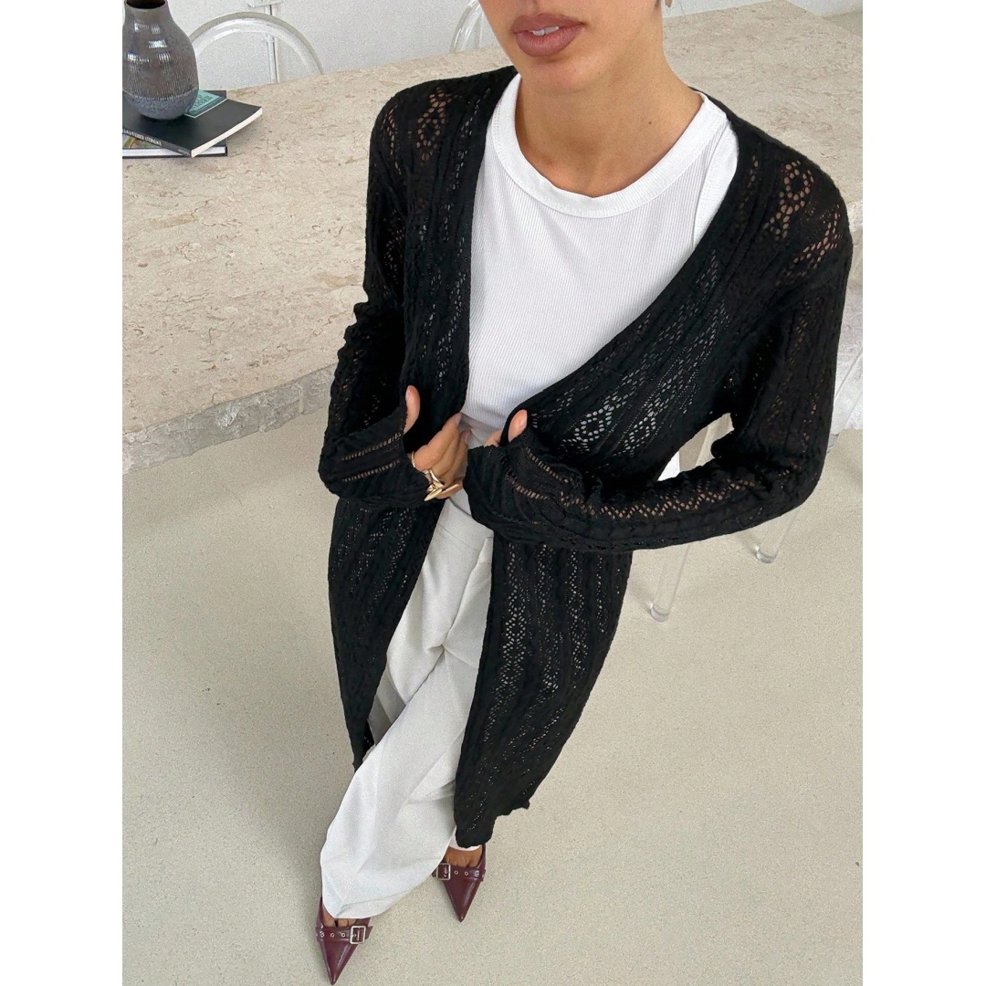 شي ان كارديجان حريمي طويل محبوك بفتحة أمامية - أسود