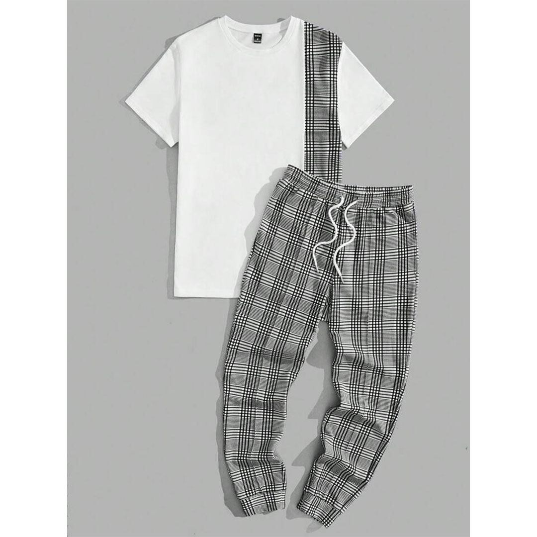 طقم تي شيرت وبنطلون رجالي بأكمام قصيرة - أسود/أبيض