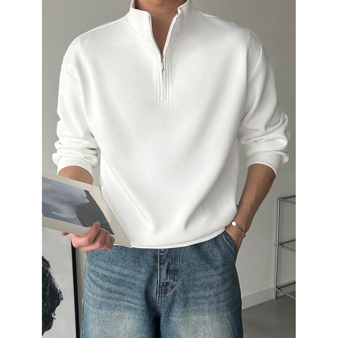 شي ان سويت شيرت رجالي سادة واسع بأكمام طويلة خريفي شتوي - أوف وايت