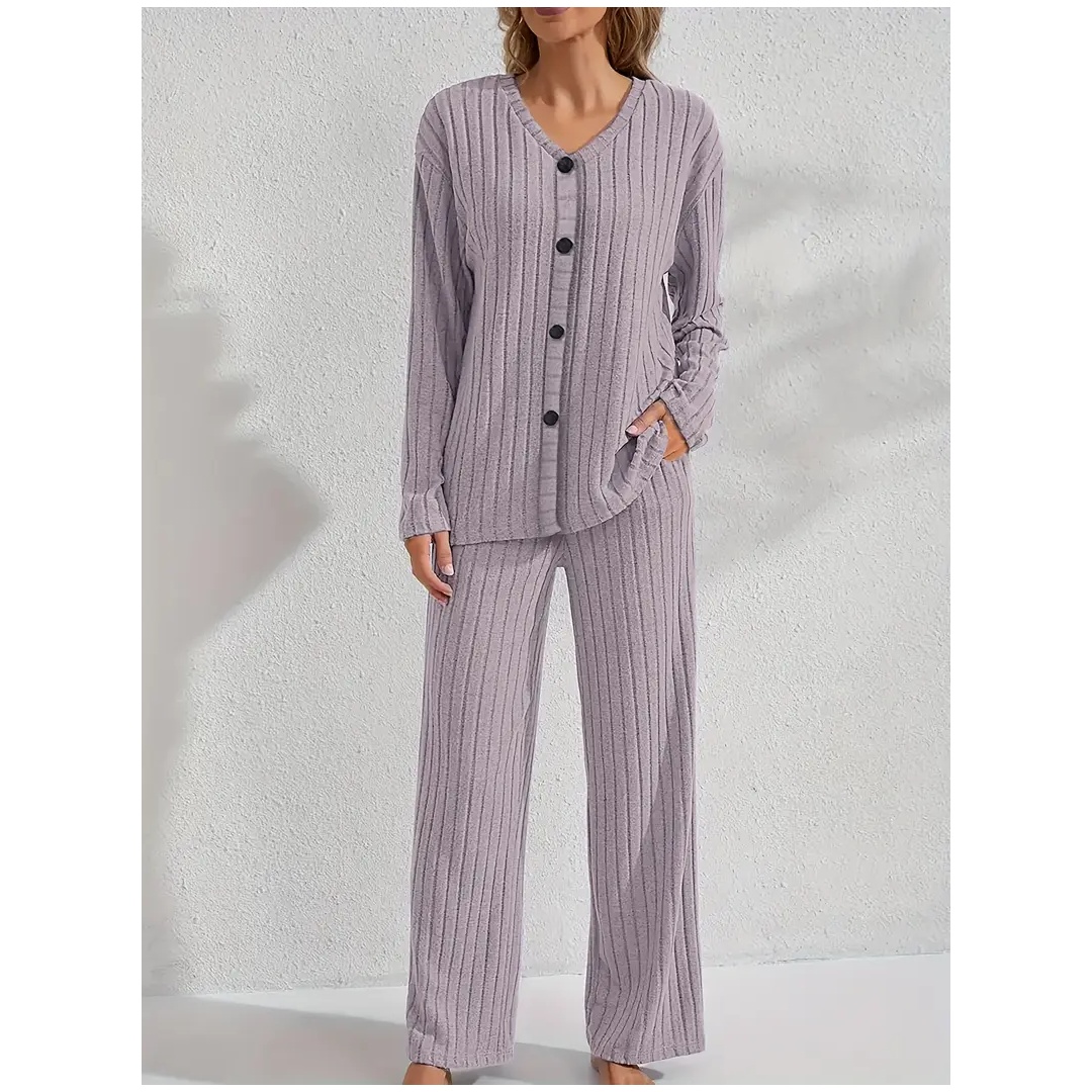 شي ان طقم بيجامة خريفي وشتوي مع كارديجان بأزرار وبنطلون مضلع - قطعتين - بنفسجي فاتح