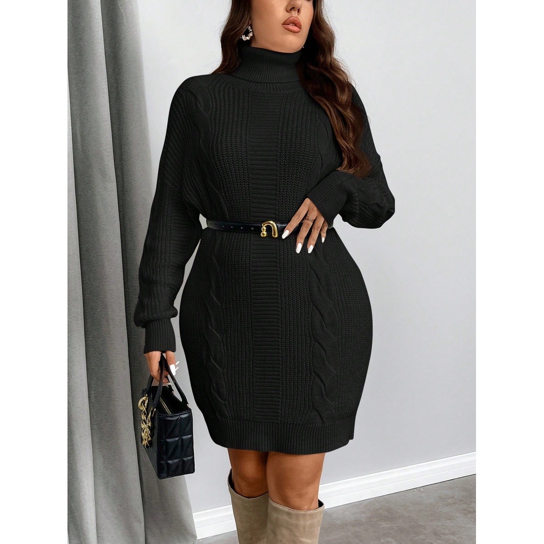 شي ان فستان بلوفر مقاسات كبيرة بياقة عالية وتصميم "آران" - أسود