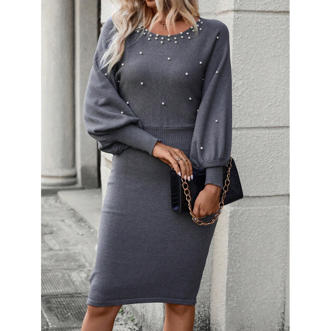 شي ان فستان بلوفر بأكمام فانوس مزينة باللؤلؤ - رمادي