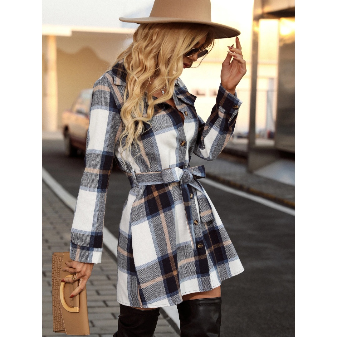 شي ان فستان قميص كاروهات بصف أزرار واحد وحزام خريفي - متعدد الألوان