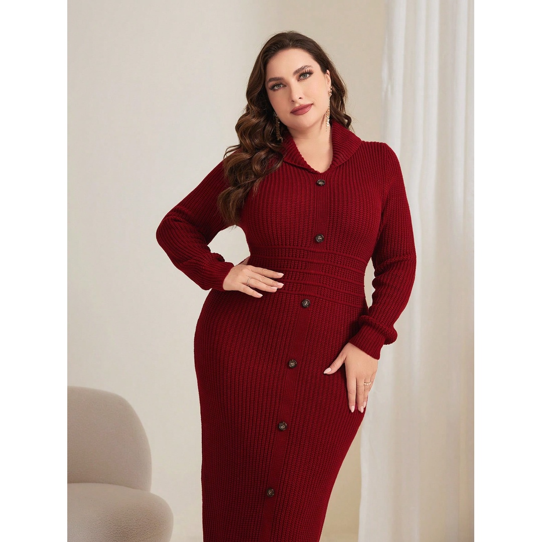 شي ان فستان بلوفر حريمي بأزرار وتصميم صف واحد - أحمر