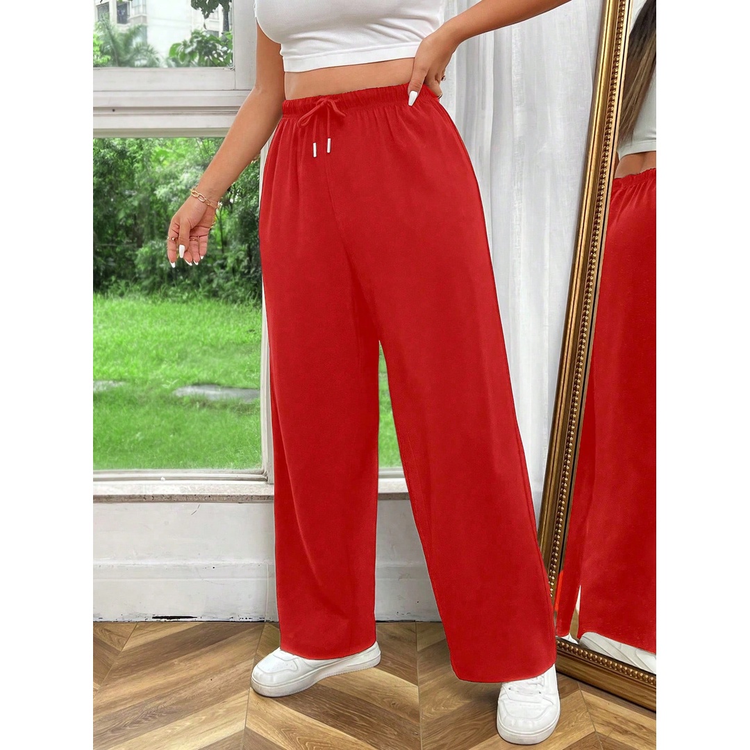 شي ان بنطلون حريمي واسع الساقين وسط برباط شد - أحمر