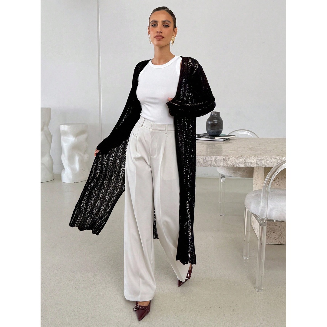 شي ان كارديجان حريمي طويل محبوك بفتحة أمامية - أسود