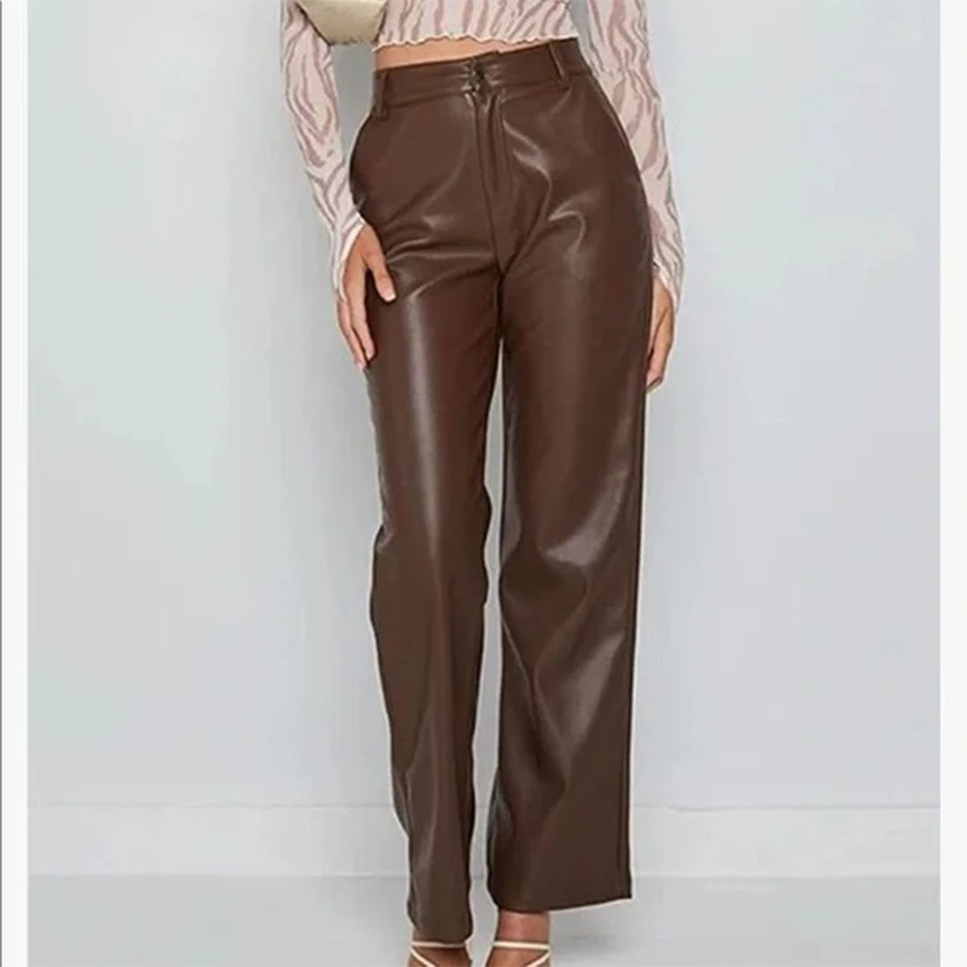 بنطلون جلد واسع حريمي - بني