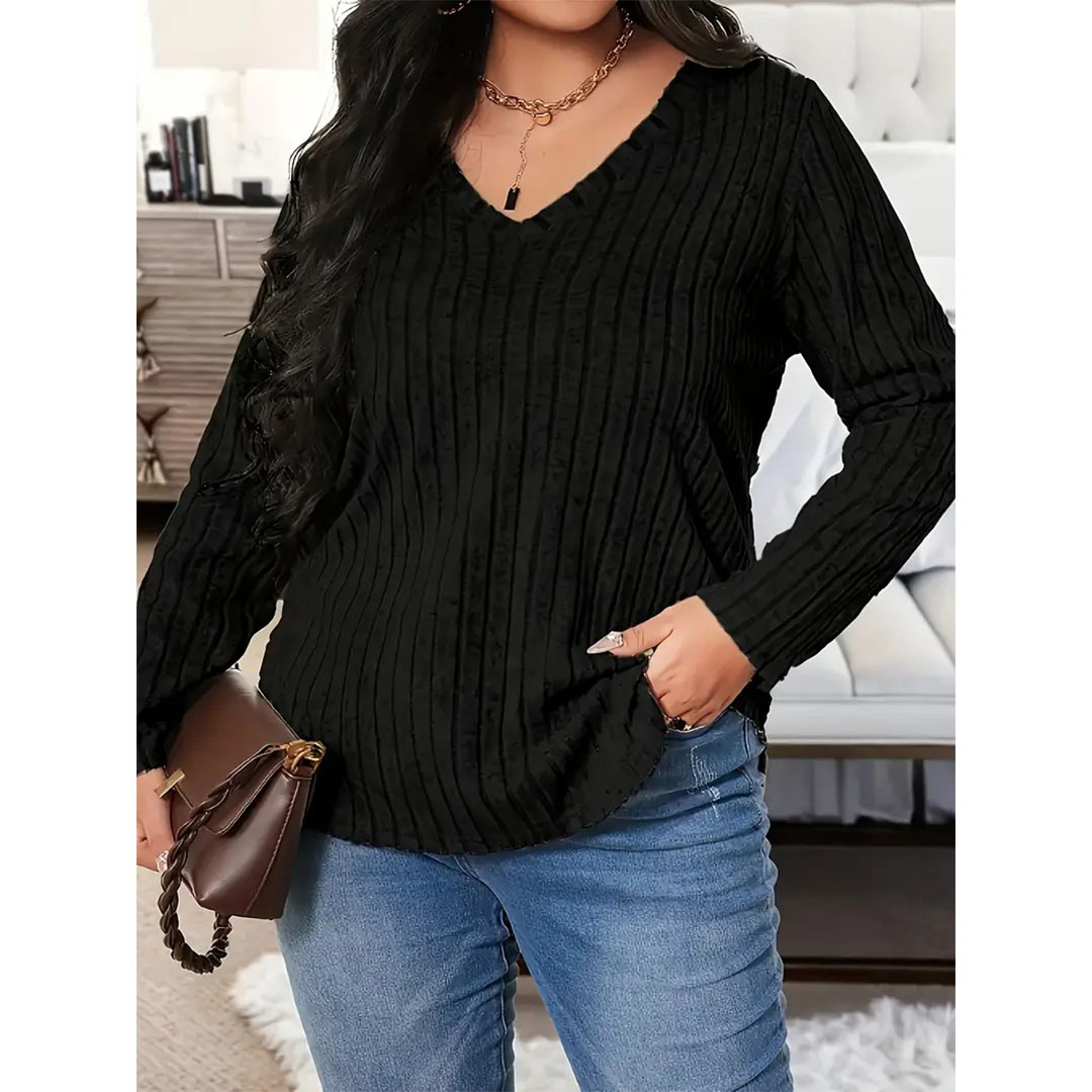 بلوزة نسائية أنيقة بأكمام طويلة ورقبة على شكل حرف V - أسود