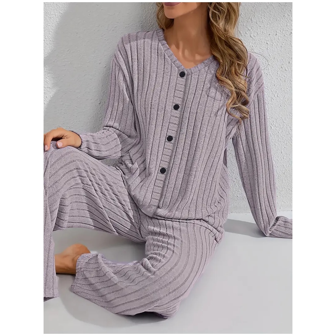 شي ان طقم بيجامة خريفي وشتوي مع كارديجان بأزرار وبنطلون مضلع - قطعتين - بنفسجي فاتح