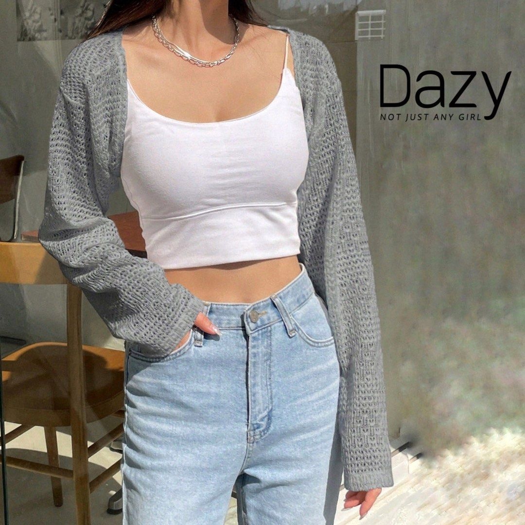 شي ان كارديجان بوليرو دازي محبوك بأكمام طويلة - رمادي فاتح